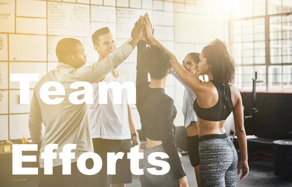Gym, words and high five of people together with motivation and teamwork from fitness. Success text, exercise efforts and training group goals with a happy hand gesture from workout class with smile.
