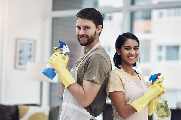 Germs Bacteria Beware Happy Young Couple Getting Ready Disinfectant Home — Stock Photo, Image
