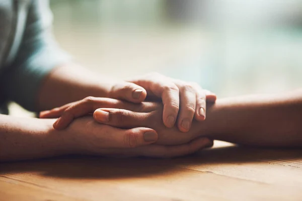 Love Empathy Support People Holding Hands Comfort Care Understanding Wooden — Stock Photo, Image