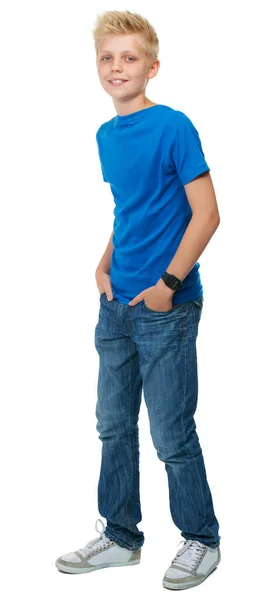Chlapec Teenager Módní Studiový Portrét Úsměvem Sebedůvěrou Šťastný Bílém Pozadí — Stock fotografie