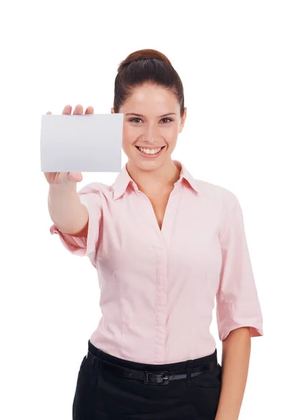 Mockup Business Card Smile Portrait Woman Studio Idea Networking Show — Stock Photo, Image