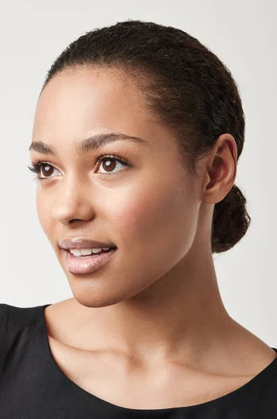 Happy Woman Face Makeup Natural Beauty Cosmetics Skincare White Studio — Stock Photo, Image