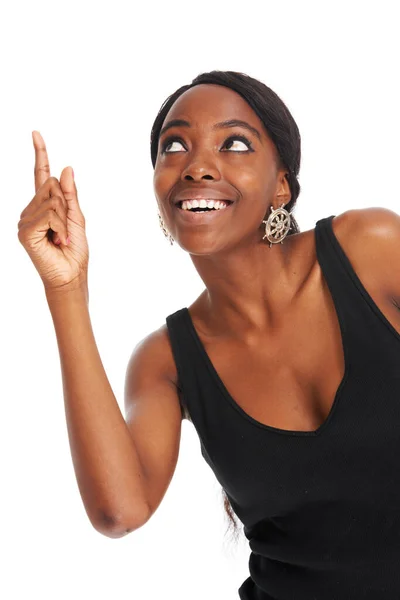 Happy Advertising Pointing Black Woman Studio Isolated White Background Information — Stock Photo, Image