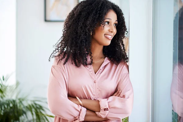 Opportunity Waiting Meet You Young Businesswoman Looking Thoughtfully Out Window — Stock Photo, Image