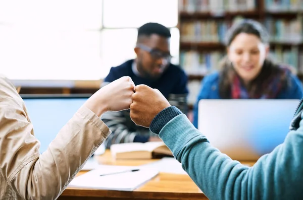 Were Going Ace Those Tests Rearview Shot Two Students Fist — Stock Photo, Image