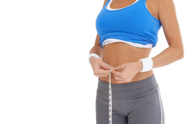 Just Couple More Inches Young Woman Sportswear Measuring Her Waistline — Stock Photo, Image