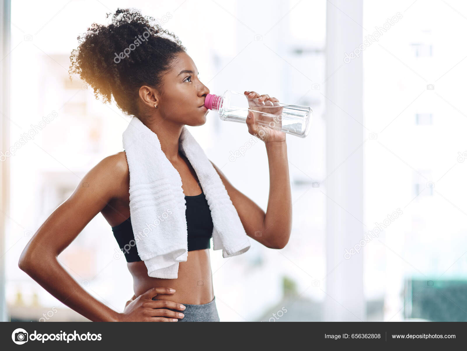 Fitness Young Woman Athlete Water Bottle Exercise Hydration