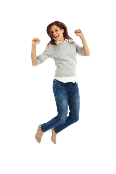 Jump Joy Studio Shot Attractive Young Woman Jumping Air Isolated — Stock Photo, Image