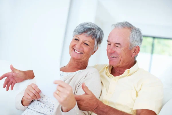 Cheerful Mature Couple Discussing Bills Happy Mature Couple Smiling While — Stock Photo, Image