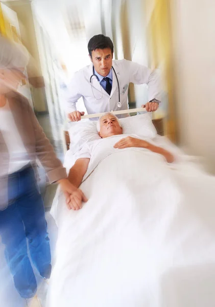 Get Out Way Sick Man Bed Being Wheeled Speed Hospital — Stock Photo, Image
