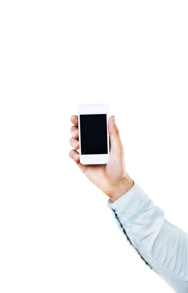 Wiesz Robić Ręka Trzymająca Smartfon Białym Tłem — Zdjęcie stockowe