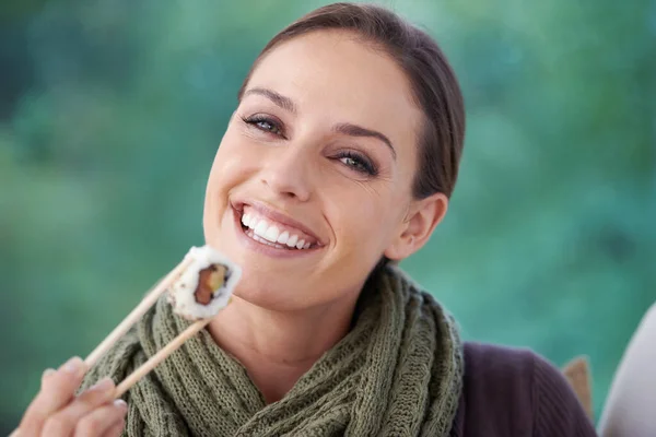 Have Soft Spot Sushi Young Woman Smiling While Holding Piece — Stockfoto