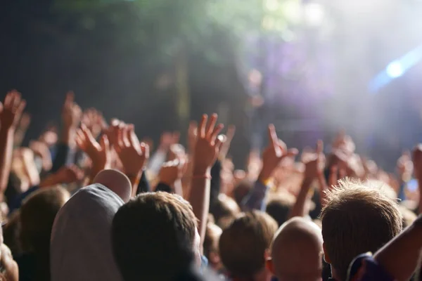 Kalabalığın Tutkusunu Hissedebilirsin Seyircilerin Ellerini Kaldırarak Konserin Keyfini Çıkardıkları Arka — Stok fotoğraf