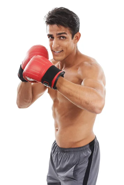 Připraven Velký Souboj Portrét Pohledného Mladého Boxera Bílém Pozadí — Stock fotografie