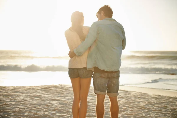True Love Sunset Rear View Young Couple Enjoying Sunset While — Foto Stock