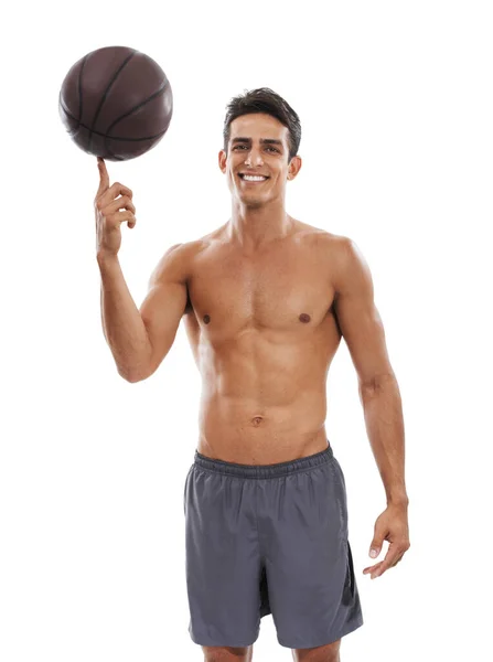 Baloncesto Deporte Preferido Retrato Deportista Mierda Sonriendo Mientras Equilibra Una — Foto de Stock
