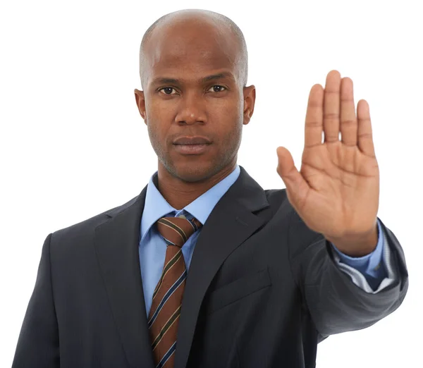 Skydda Dina Affärsintressen Afroamerikansk Affärsman Med Handen Stoppskylt — Stockfoto