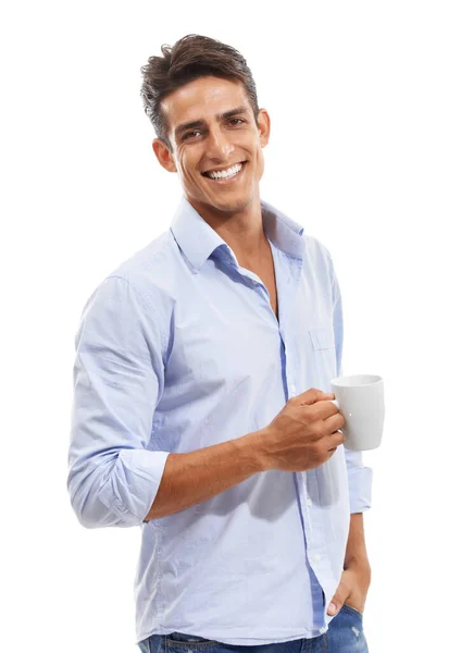 Насолоджуйся Ранковою Чашкою Кави Портрет Гарного Молодого Чоловіка Який Посміхається — стокове фото