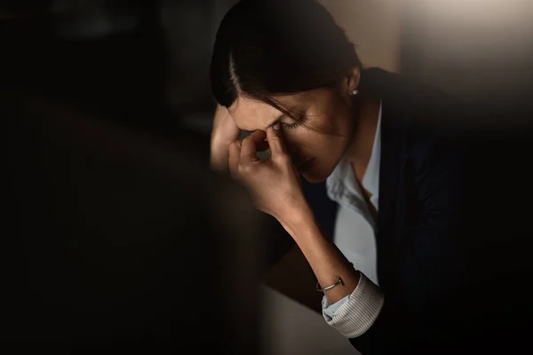Dépression Maux Tête Douleur Des Femmes Affaires Nuit Pour Migraine — Photo