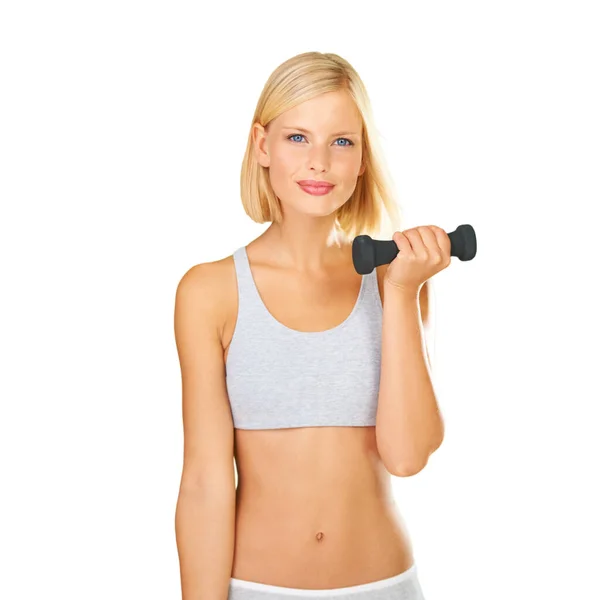 一个健身妇女的练习和肖像在工作室训练锻炼 从白色背景中分离出来的快乐美感女性模型 用于举重 减肥和身体降 — 图库照片
