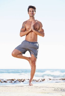Mutlu adam, yoga ve meditasyon doğada ruhsal refah, zen ya da ağaç pozu için sahilde dengede. Erkek yogi meditasyon yapmak, dinlenmek ya da okyanusun iç huzuru için sağlıklı bir vücut bulmak için namaste 'da duruyor..