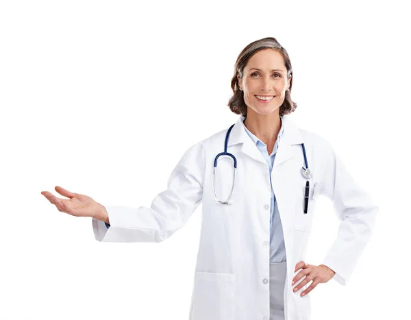 Portrait Woman Smile Doctor Palm Space Studio Isolated White Background — Stock Photo, Image
