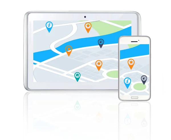 平板电脑 智能手机或在线位置 可在城市路线图上或在屏幕或白色背景上的路线上旅行 数字或移动应用程序Ux旅程显示 全球导航或虚拟指南 — 图库照片