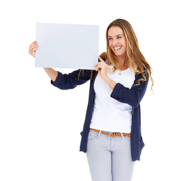 Poster space, presentation and happy woman isolated on a white background for creative promotion and mockup. Casual person with board, empty paper or sign for announcement, news and mock up in studio.