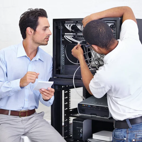 Server Room Businessman Electrician Fixing Cables Maintenance Digital Glitch Office — Stock Photo, Image
