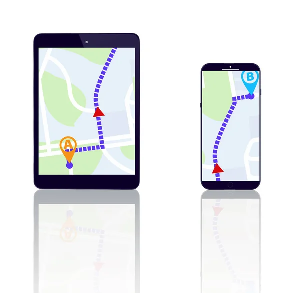Tablet Smartphone Oder Wegbeschreibung Auf Der Straßenkarte Der Stadt Reisen — Stockfoto
