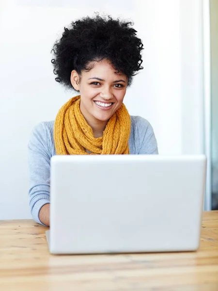 stock image Portrait, laptop and happy woman or student with e learning platform, university registration or college application online. Face of African person on computer at desk for remote education or study.