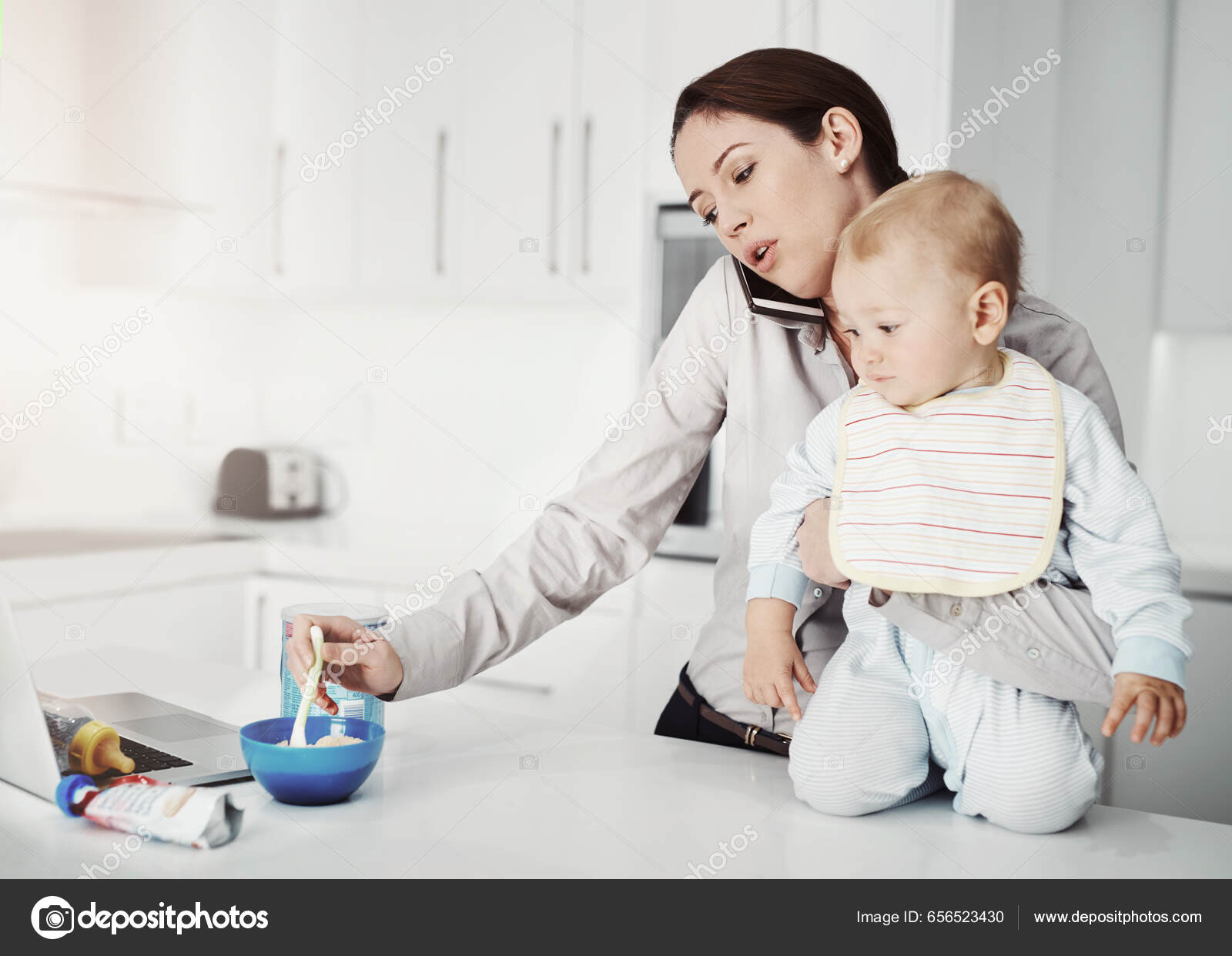 Family Baby Mother Multitasking Home Phone Call Stress Feeding