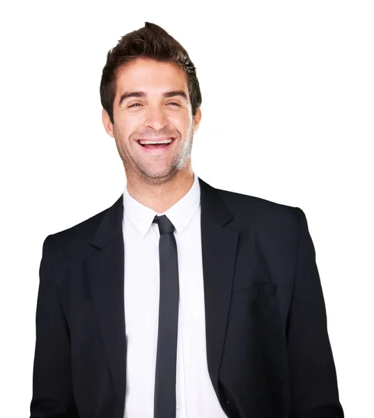 脸和快乐的商人在工作室为喜剧 滑稽或积极的心态 有时尚或职业风格服装的企业男模 背景为白色 带着笑声 — 图库照片