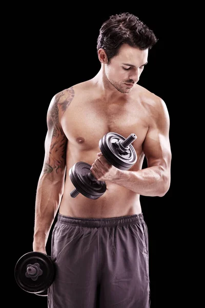 Fitness Man Dumbbell Training Black Background Dark Studio Gym Workout — Stock Photo, Image