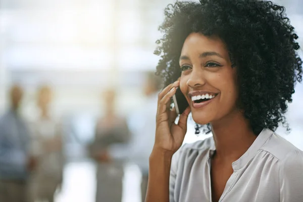 Phone Call Business Funny Black Woman Office Mockup Space Cellphone — Stock Photo, Image