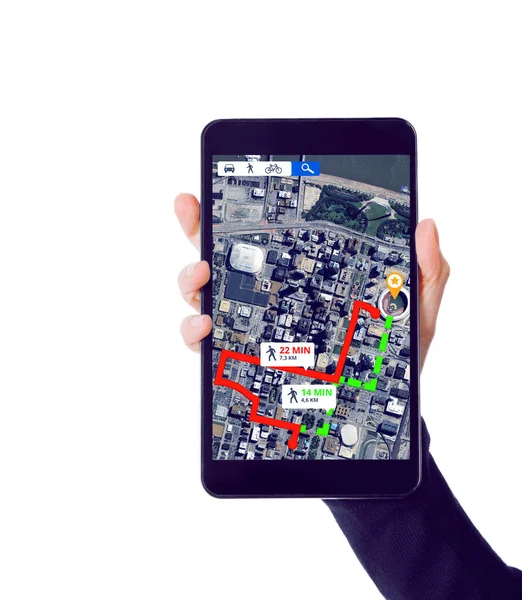 여행을 태블릿 방향을 배경으로 지도나 경로를 가지고 모바일 가이드의 디스플레이 — 스톡 사진