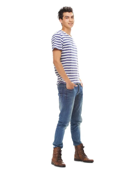 Casually Handsome Full Length Portrait Happy Young Man Isolated White — Stock Photo, Image