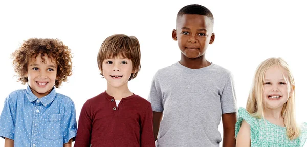 Cool Kids Studio Shot Group Young Friends Standing Together White — Stock Photo, Image