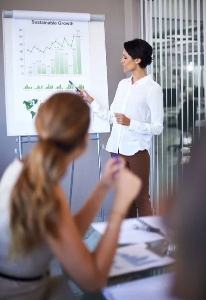 stock image Business woman, speaker and meeting of a corporate management team with financial chart. Speaking, female manager and collaboration of staff working in a conference room with data strategy and report.