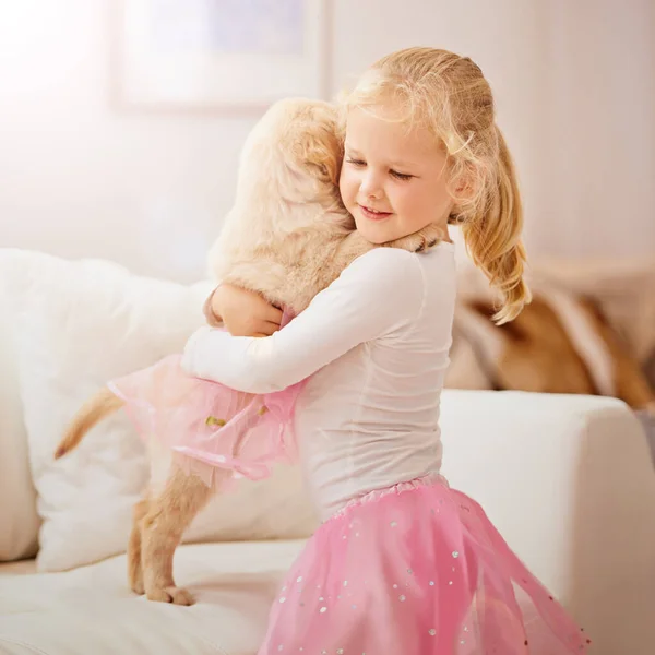 Kind Golden Retriever Oder Hund Haus Zum Umarmen Für Liebe — Stockfoto
