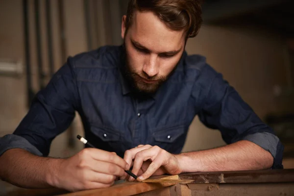Carpentry Furniture Design Man Pencil Wood Designer Table Manufacturing Workshop — Stock Photo, Image