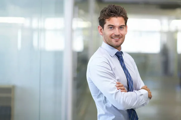 Success Certain Handsome Young Businessman Standing Office — Stock Photo, Image