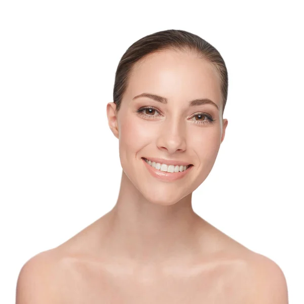 Portre Güzellik Gülümseyen Bir Kadın Dermatoloji Kozmetik Beyaz Bir Stüdyo — Stok fotoğraf