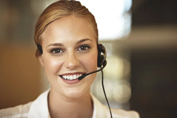 Mujer Feliz Retrato Call Center Comunicación Virtual Soporte Empresarial Servicios — Foto de Stock
