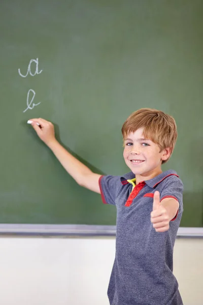 Knows Answer Young Boy Writing Blackboard School — Zdjęcie stockowe