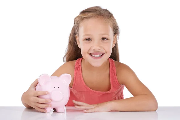 Poupar Para Futuro Dela Uma Menina Com Seu Banco Sorrindo — Fotografia de Stock