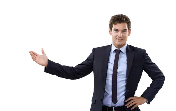 Take Look Studio Shot Well Dressed Businessman Showing You Copyspace — Stock Photo, Image