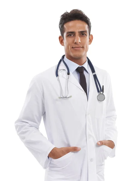君の健康は彼にとって重要だ 首の周りに聴診器を持つハンサムな若い医師の肖像画 — ストック写真