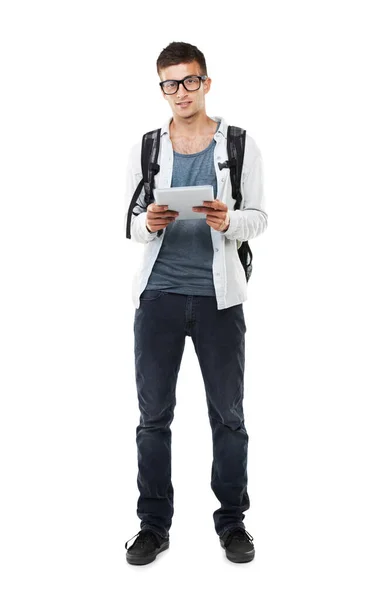 Kocham Technologię Portret Młodego Mężczyzny Trzymającego Cyfrową Tabletkę Białym Tle — Zdjęcie stockowe
