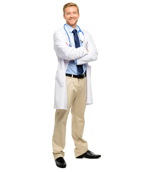 Handsome Young Doctor Posing His Arms Folded Studio Fullbody Confident — Foto Stock